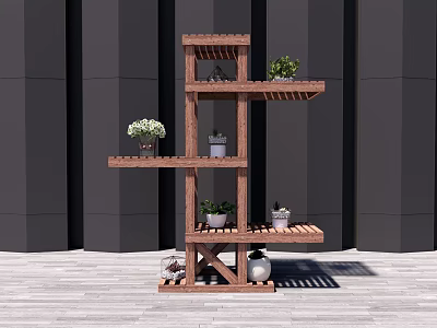 Multi Tiered Wooden Plant Stand With Bonsai Potted Plants And Dark Wall 3d model