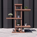 Multi Tiered Wooden Plant Stand With Bonsai Potted Plants And Dark Wall