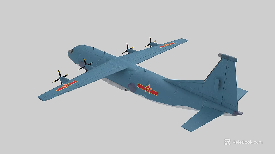 Blue Military Transport Aircraft Model With Four Propellers And Red Emblems 3d model 