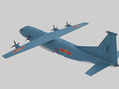 Blue Military Transport Aircraft Model With Four Propellers And Red Emblems 3d model