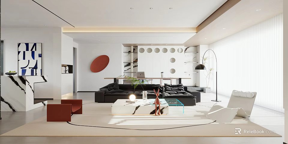 Modern Living And Dining Room Interior With Black Sofa Dining Table And Round Wall Art 3d model 