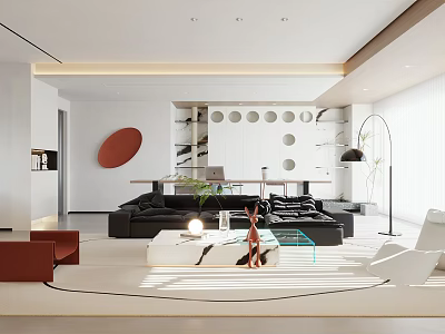 Modern Living And Dining Room Interior With Black Sofa Dining Table And Round Wall Art 3d model