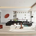 Modern Living And Dining Room Interior With Black Sofa Dining Table And Round Wall Art