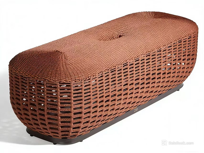 Modern Brown Woven Rattan Stool with Long Design and Black Base 3d model 