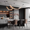 Elegant Modern Restaurant Interior With Dark Cabinets Marble Island Hanging Chandelier And Dining Table Chairs