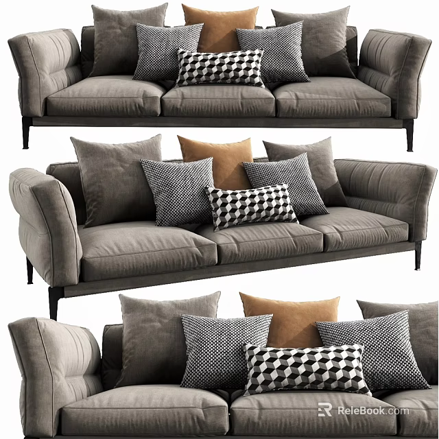Gray Fabric Three Seater Sofa With Checkered Brown And Gray Pillows 3d model