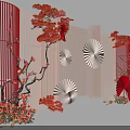 Elegant Floral Art Display With Red Flowers White Fans And Decorative Screens