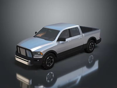 Silver Modern Pickup Truck with Double Cab Black Wheels on Reflective Surface 3d model