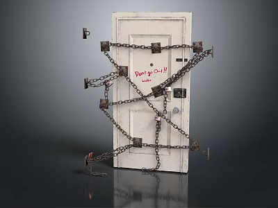 Locked Door Secured With Multiple Chains And Padlocks Featuring Red Dont Open Sign 3d model