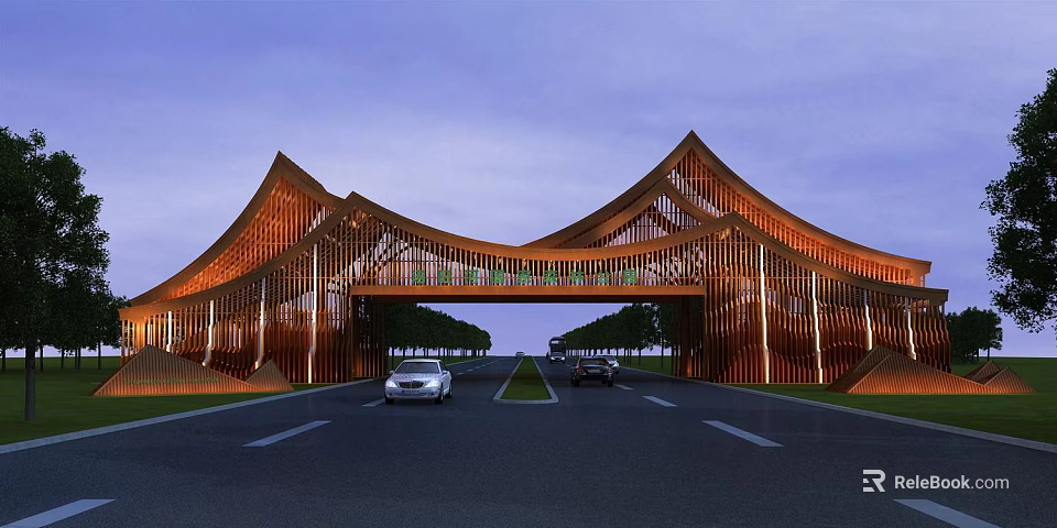 Modern Arched Entrance Gate With Wooden Structure And Evening Illumination Over Road 3d model 