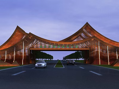 Modern Arched Entrance Gate With Wooden Structure And Evening Illumination Over Road 3d model