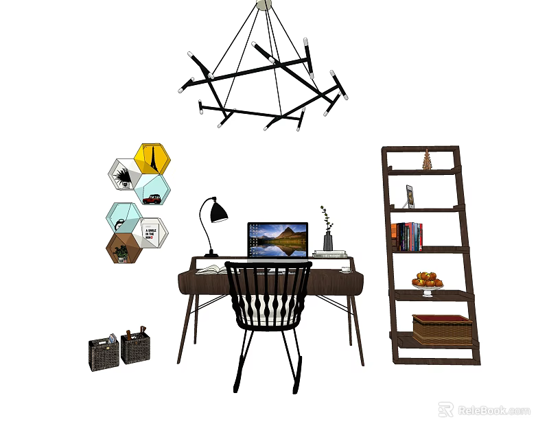 Stylish Office Desk With Chair Lamp Laptop Wooden Bookshelf Hexagon Art And Chandelier 3d model 