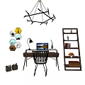 Stylish Office Desk With Chair Lamp Laptop Wooden Bookshelf Hexagon Art And Chandelier