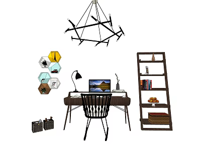 Stylish Office Desk With Chair Lamp Laptop Wooden Bookshelf Hexagon Art And Chandelier 3d model