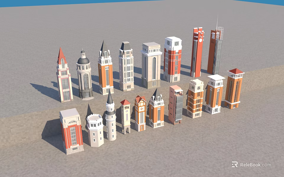 Various Modern And Classic Architectural Towers With Different Designs And Colors 3d model 