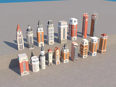 Various Modern And Classic Architectural Towers With Different Designs And Colors 3d model