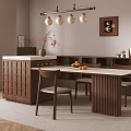 Modern Dining Table Set with Wooden Chairs Sideboard Pendant Lights Wall Art and Fresh Fruits