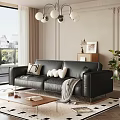 Modern Living Room With Black Leather Sofa Throw Pillows And City View Through Large Windows