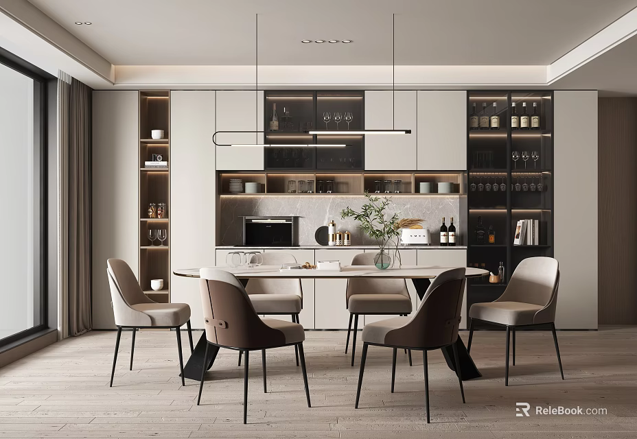 Modern Restaurant Interior Design With Round Dining Table Comfortable Chairs And Hanging Lights 3d model