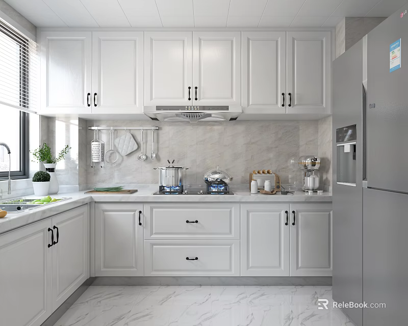 Modern White Kitchen Interior With White Cabinets Marble Countertops Window And Refrigerator 3d model 