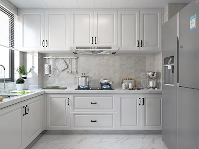 Modern White Kitchen Interior With White Cabinets Marble Countertops Window And Refrigerator 3d model