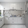 Modern White Kitchen Interior With White Cabinets Marble Countertops Window And Refrigerator