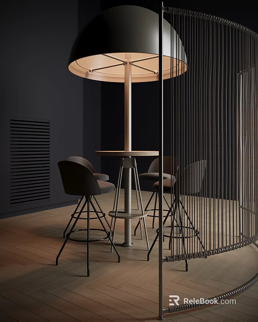 Modern Interior Design With Round Wooden Bar Table And Black Metal Bar Stools 3d model 