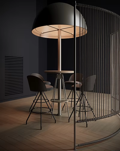 Modern Interior Design With Round Wooden Bar Table And Black Metal Bar Stools 3d model
