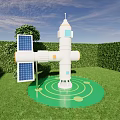 Creative Photo Check-in Spot Featuring White Space Capsule Solar Panels Green Lawn and Hedge