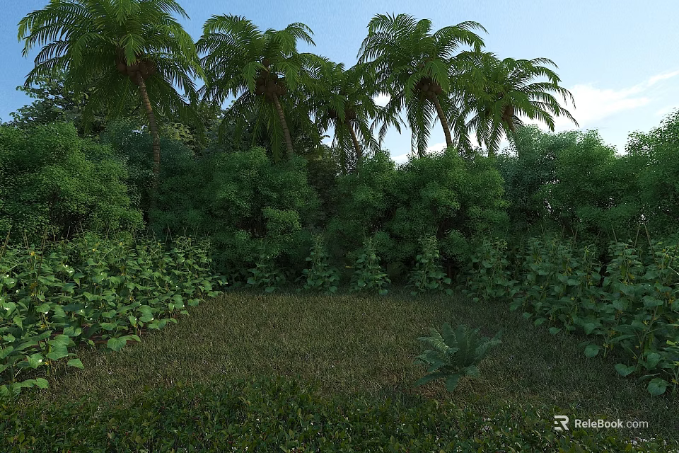 Tropical Garden Landscape With Tall Palm Trees Lush Shrubs Green Grass And Blue Sky 3d model 