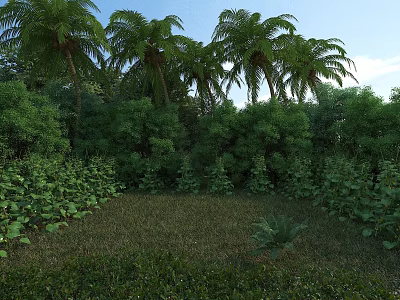 Tropical Garden Landscape With Tall Palm Trees Lush Shrubs Green Grass And Blue Sky 3d model