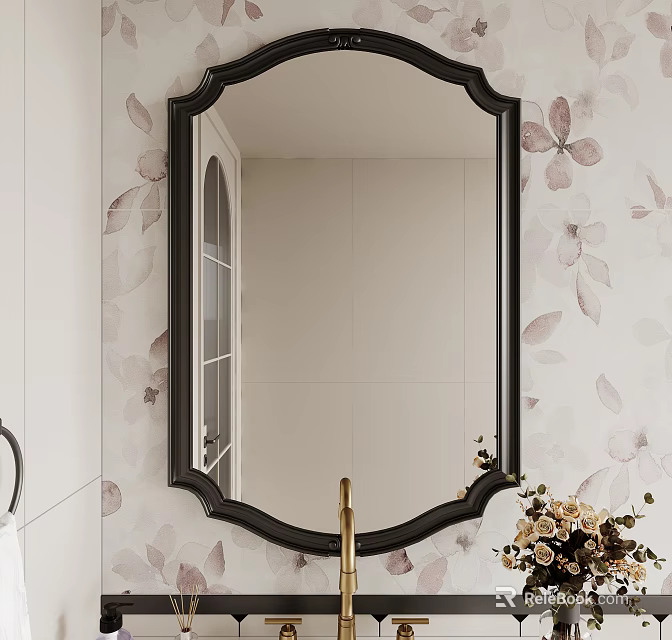 Elegant Bathroom Mirror With Black Frame And Floral Wallpaper Interior Decor 3d model 