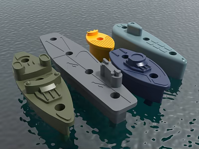 Different Colored Plastic Toy Boats Floating On Water Surface With Unique Shapes 3d model