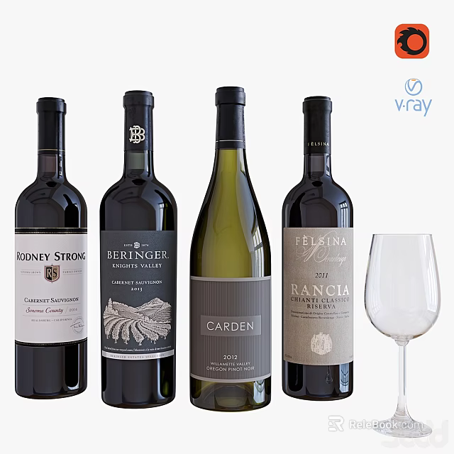 Elegant Wine Bottles And Glass Display With Red And White Wine Collection 3d model 