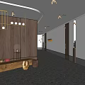 Modern Hotel Corridor Featuring Wooden Walls Curved Ceiling Hanging Pendant Lights And Sculpture Decor