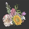 Colorful Flower Arrangement With Sunflower Pink Purple Blooms And Green Leaves