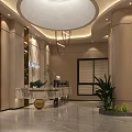 Modern Wooden Decor Storefront Reception with Circular Ceiling Green Plants and Marble Floor