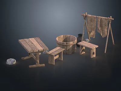 Rustic Wooden Household Items With Table Stools Bucket And Drying Rack 3d model