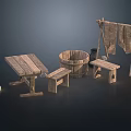 Rustic Wooden Household Items With Table Stools Bucket And Drying Rack 3d model
