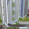 Modern High Rise Residential Towers With Surrounding Park Green Area And Pond