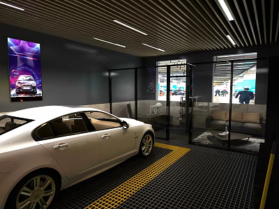 4S Auto Showroom Featuring White Car Display Glass Doors And Modern Interior 3d model