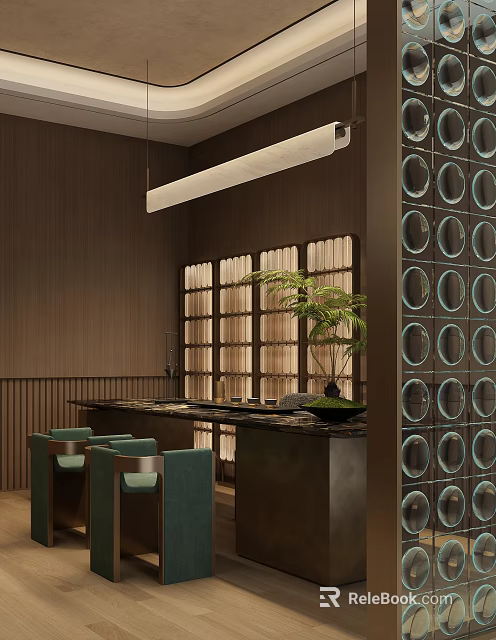 Modern Tea Room Interior With Wooden Screen Green Plant Bar Counter And Teal Chairs 3d model 