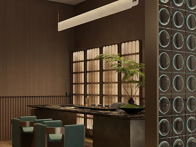 Modern Tea Room Interior With Wooden Screen Green Plant Bar Counter And Teal Chairs 3d model