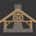 Rustic Wooden Cabin Structure With Crossed Beams Stone Chimney And Tile Roof
