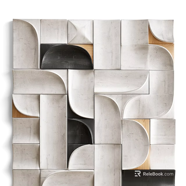 Modern Geometric Wall Decor With Abstract 3D Panels In White Black And Wood Tones 3d model 