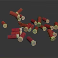 Shiny Red Bullet Casings With Gold Bottoms Scattered On Black Background Surface
