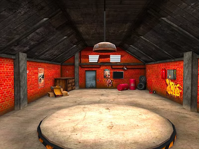 Red Brick Indoor Area Featuring Circular Wrestling Ring Sofa Speakers Graffiti And Hanging Lamp 3d model