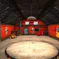 Red Brick Indoor Area Featuring Circular Wrestling Ring Sofa Speakers Graffiti And Hanging Lamp