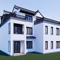 Traditional Chinese Detached Villa with Sloped Roof White Walls Black Tiles and Elegant Entrance Design