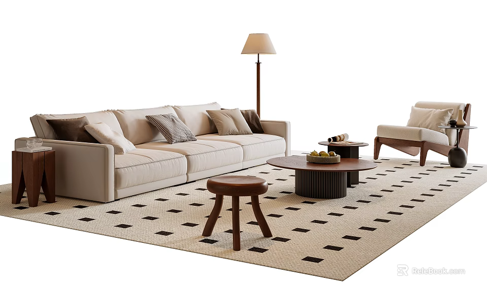 Modern Beige Sofa Coffee Table Set With Checkered Rug Accent Chair And Floor Lamp 3d model 